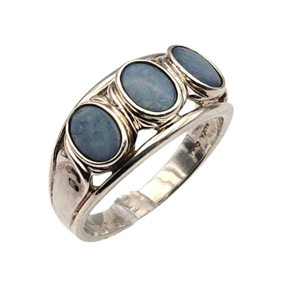 Vtg Sterling Silver Three-Stone Blue Opal Ring Size 10 Jewelry Statement Made In China
