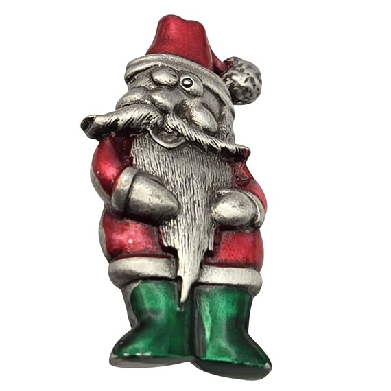 Vtg. JJ Jonette Santa Claus Pin Brooch Christmas Holiday Jewelry Silver Tone Red Green Enamel