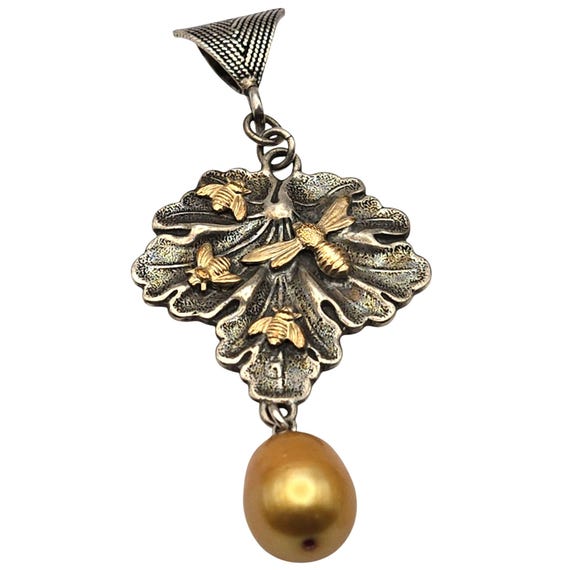 Vtg Steve Stamas Sterling Silver & Gold Filled Bee Pendant With Pearl Accent