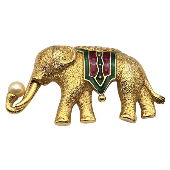 Vtg Monet Gold-Tone Elephant Brooch W/ Enamel & Faux Pearl Detail 2 3/4 " x 1 3/4 "