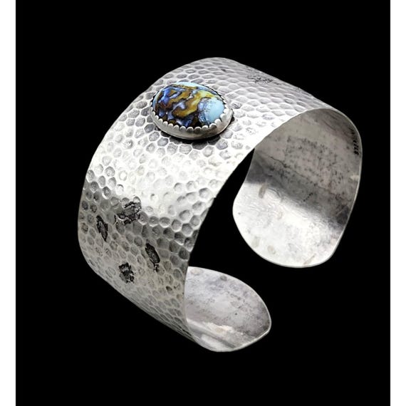Native American Handcrafted Sterling Silver Hammered Cuff Bracelet With Turquoise Stone
