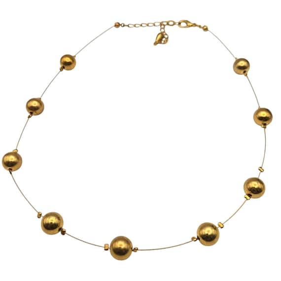 Vtg Gold Tone Wire & Bead Choker Necklace 16" W/ 3" Ext. Adjustable Length With 3/8" Gold Beads