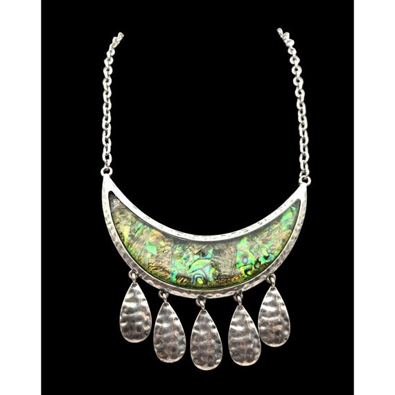 Vintage Laura Ashley Abalone & Silver-Tone Bib Necklace With Teardrop Charms