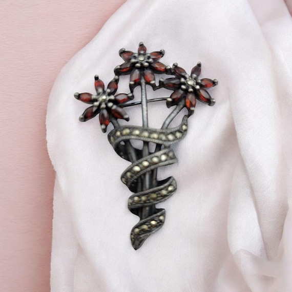 Vintage Sterling Silver Floral Brooch With Red Gemstones & Marcasite Accents