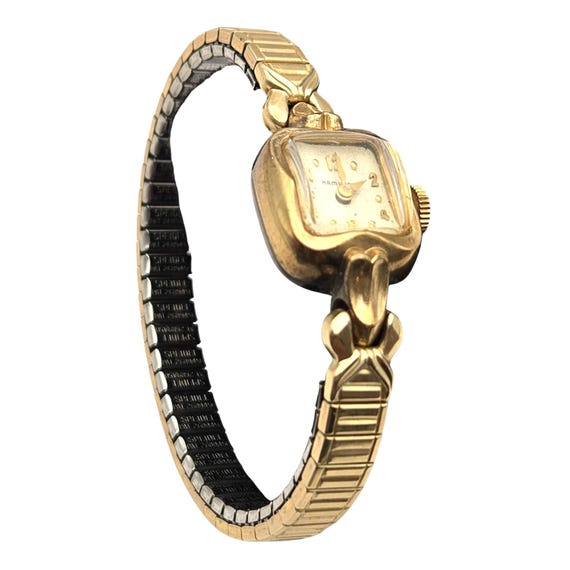 Vtg Hamilton 10 Kt. Gold-Filled Ladies Wristwatch W/ Stretch Band & 1/2" X 3/4" Face