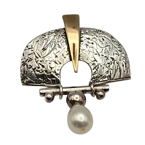Vtg Sterling Silver Two-Tone Etched Pendant W/ Pearl Dangle Accent