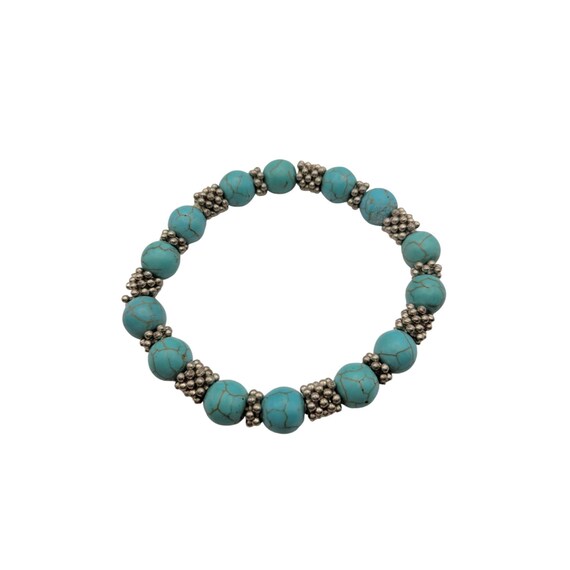 Turquoise & Silver Beaded Stretch Bracelet