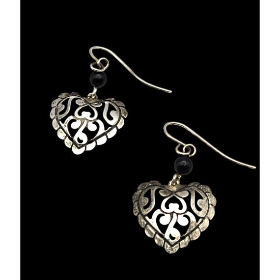 Vintage Silver Heart Dangle Earrings With Black Beads