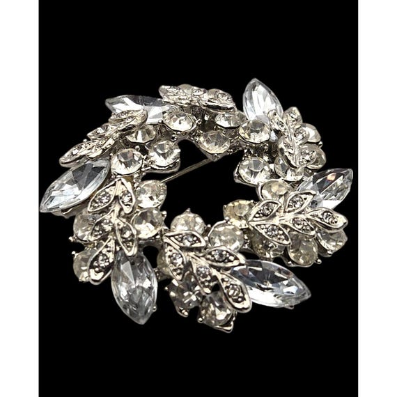 Vintage Clear & Ice Blue Rhinestone Brooch Floral Wreath Design