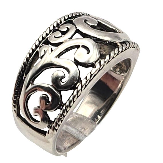 Sterling Silver Reticulated Scrollwork Band Ring With Rope Edge Design - Vintage Style Size 8