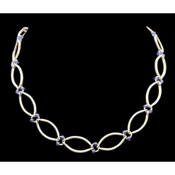 Vintage Silver-Tone Necklace W/ Blue Glass Beads & Tubular Links 14 1/2" Total Length Unmarked