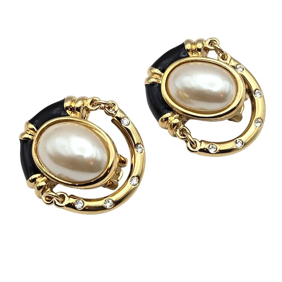 Courreges Paris Pearl Cabochon Clip Earrings With Rhinestone & Black Enamel Detail