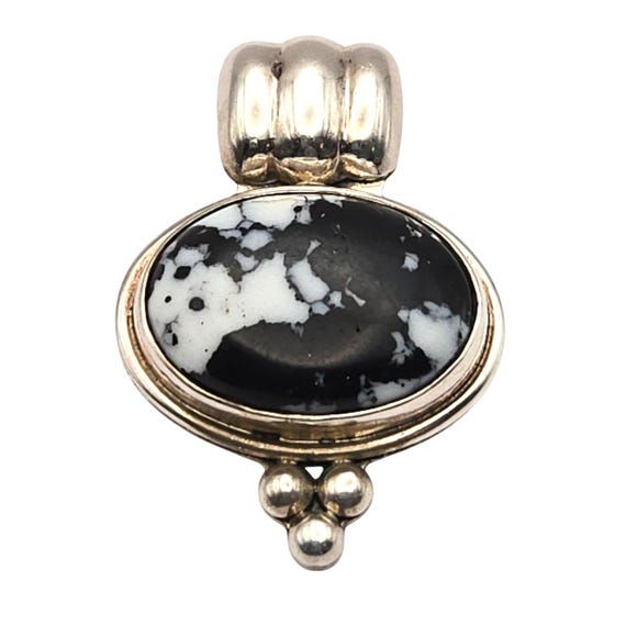 Sterling Silver & Black White Buffalo Turquoise Agate Oval Pendant For Necklaces 1 3/4 " x 1 "