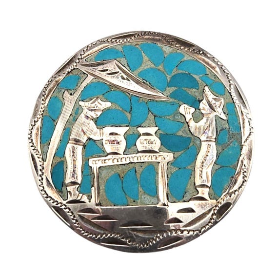 Vintage Mexican Sterling Silver & Turquoise Inlay Brooch With Artisan Scene 1 1/2 "