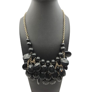Vintage Faceted Black Lucite Bib Necklace Gold-Tone Chain 20 "