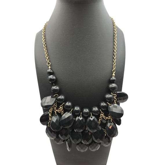 Vintage Faceted Black Lucite Bib Necklace Gold-Tone Chain 20 "