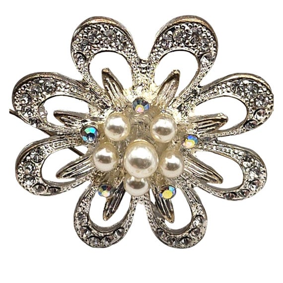 Floral Silver-Tone Brooch With Faux Pearls & AB Rhinestones