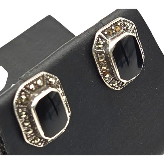 Vtg Sterling Silver Black Onyx & Marcasite Stud Earrings 1/2 "