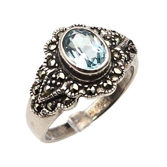 Vtg Sterling Silver Ring With Aquamarine Gemstone & Marcasite Accents Size 9