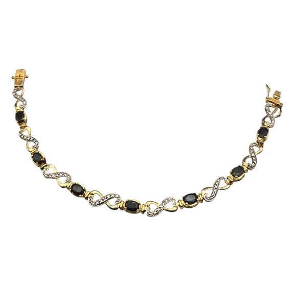 Vtg Gold Vermeil Sterling Bracelet With Black Onyx Cabochon Stones - Diamond Chip Accents - Elegant & Timeless Design