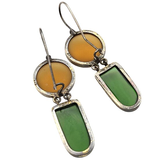 Vintage Sterling Silver Green & Amber Glass Cabochon Dangle Earrings Boho Style 2" Drop