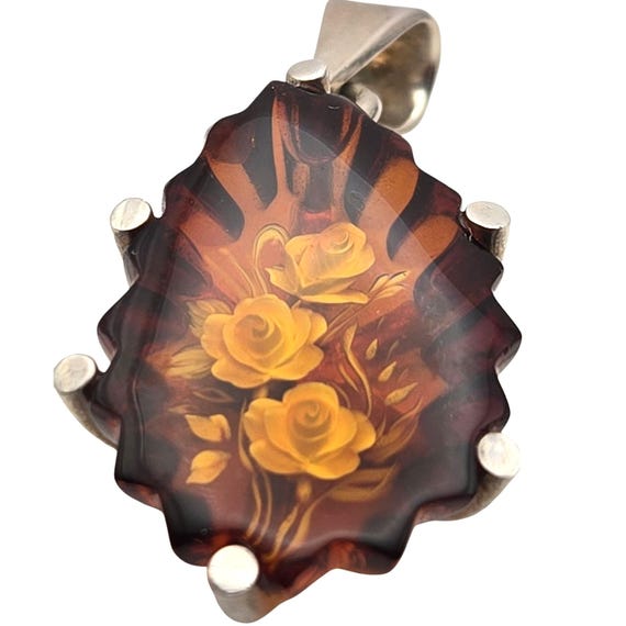 Vintage Rose Motif Hand-Carved Amber Resin Pendant With Sterling Frame & Bail 1 1/2 "