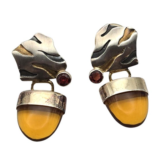 Vtg Sterling Silver Gemstone Amber Drop Earrings Gold Accent Swirl Top Red Crystals