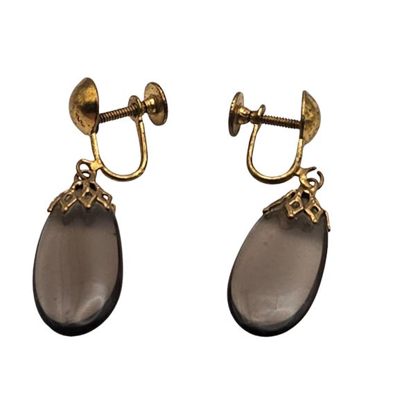 Vintage Screw Back Earrings With Smoky Topaz Glass Stone & Brass Setting