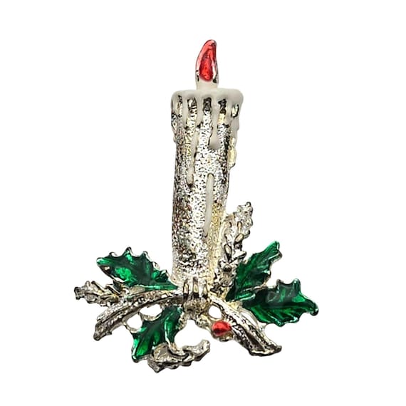 Vintage Gerry's Christmas Candle Pin Brooch With Holly Leaves & Red Berry Accent