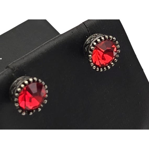 Vtg Sterling Silver Ruby Glass Stud Earrings 1/4" Faceted Red Stones Elegant Retro Jewelry Gift For Women