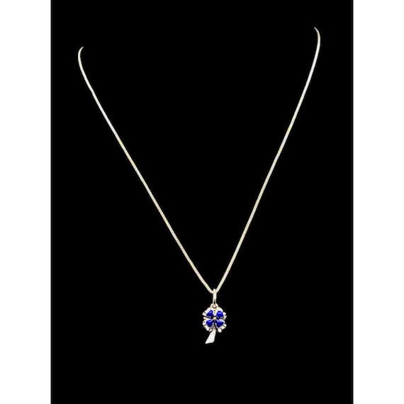 Vtg Sterling Silver Blue Enamel Flower Pendant Necklace Slimline Box Chain 18" Delicate Jewelry
