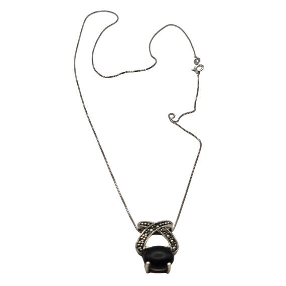 Vtg Sterling Silver Black Onyx Pendant Necklace With Marcasite Accents On 18" Slimline Box Chain