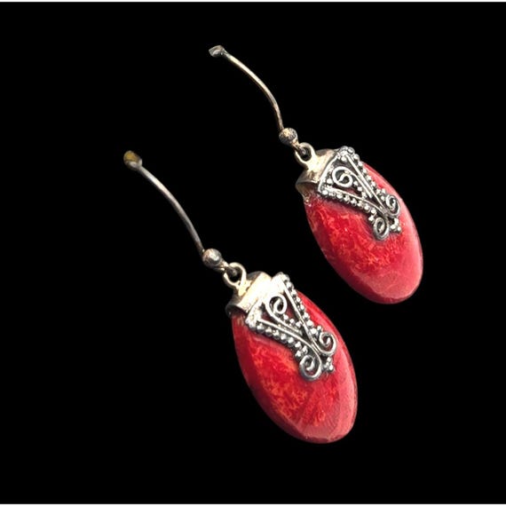 Vintage 925 Sterling Silver & Red Sponge Coral Oval Dangle Earrings