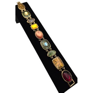 Vintage Liz Claiborne  Faux Gemstone Link Bracelet 8&quot; Gold Tone Multi-Color Stones Elegant Retro Style Jewelry