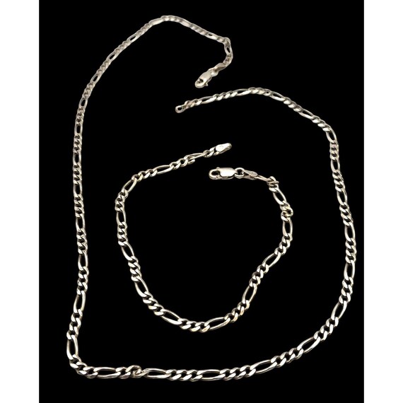 Vtg Sterling Silver Figaro Chain Necklace & Bracelet Set With Lobster Clasps