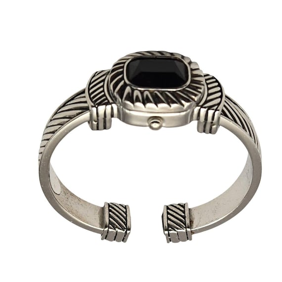Vintage Silver-Toned Cuff Bracelet Watch W/ Faux Black Onyx Accents Quartz Movement