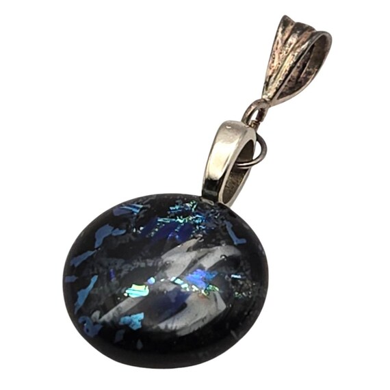 Sterling Silver & Black Round Opal Glass Pendant Necklace Charm