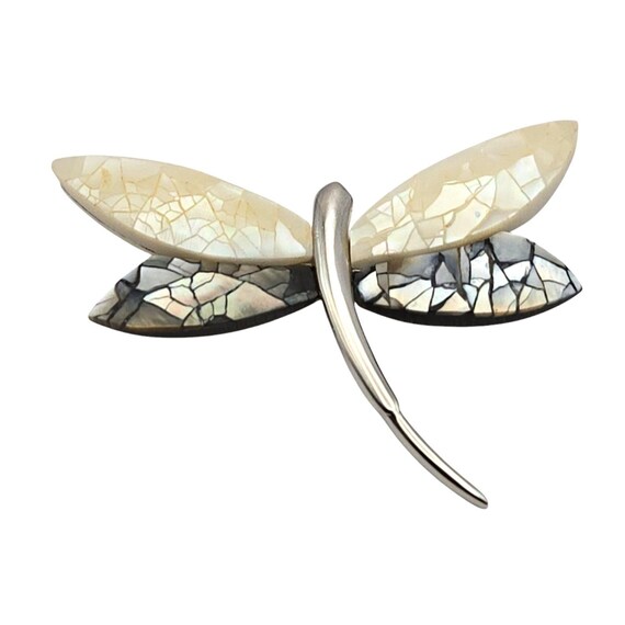 Vtg Liz Claiborne Dragonfly Brooch Pin With Cream & Black Cracked Mosaic Wings Silver-Tone Finish Jewelry Accessory