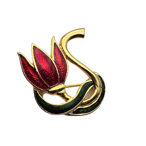 Vintage SFJ Gold-Tone Tulip Pin Brooch Red & Green Enamel Floral Design