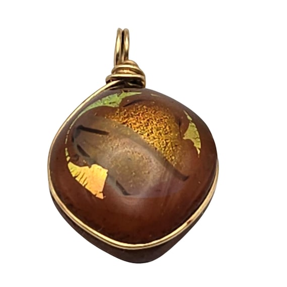 Amber-Colored Art Glass Pendant With Gold Wire Wrap Design 1 1/8 " X 3/4 "