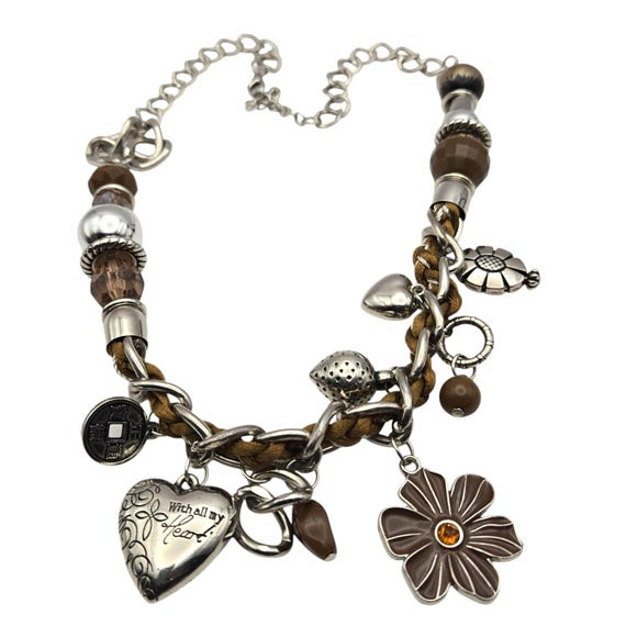 Vintage Paparazzi Christian Charm Necklace With Brown & Silver Beads 19 " w/ 2 1/2 " Ext.