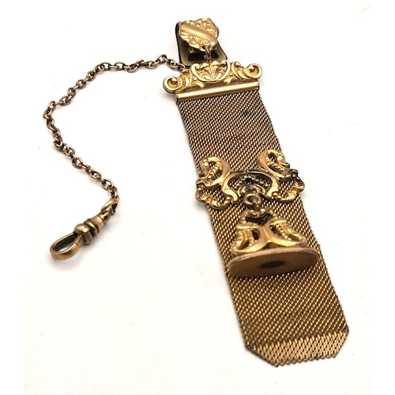 Antique SWM Co. Ornate Gold Mesh Chatelaine Chain With Detailed Clip & Fob 4 1/2 " X 1 "