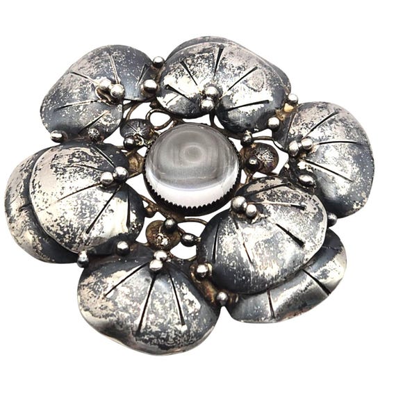 Vtg. Mary Gage Sterling Silver Handwrought Crystal Brooch Arts & Crafts Movement Rare Collectible Signed 2 1/2" x 2 1/2"