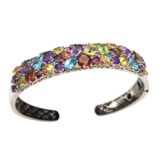 Sterling Silver 925 Multicolor Gemstone Latch Cuff Bracelet With 12 Cttw