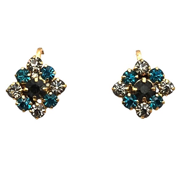 Vintage Made In Austria Gold-Plated Crystal Earrings With Blue & Clear Rhinestones