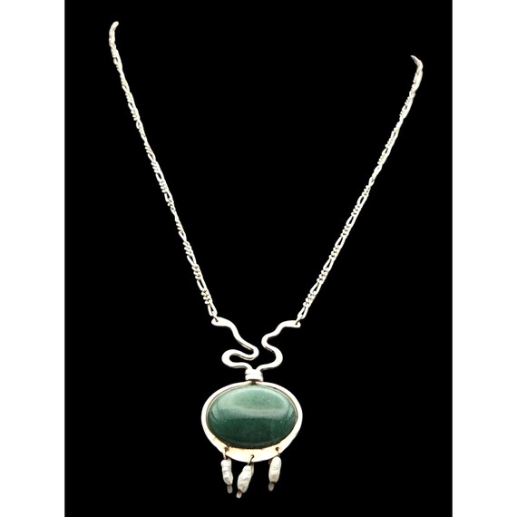 Vintage Sterling Silver Malachite Cabochon Pendant Necklace With Pearl Accents 925 Italy Chain 10 Inch