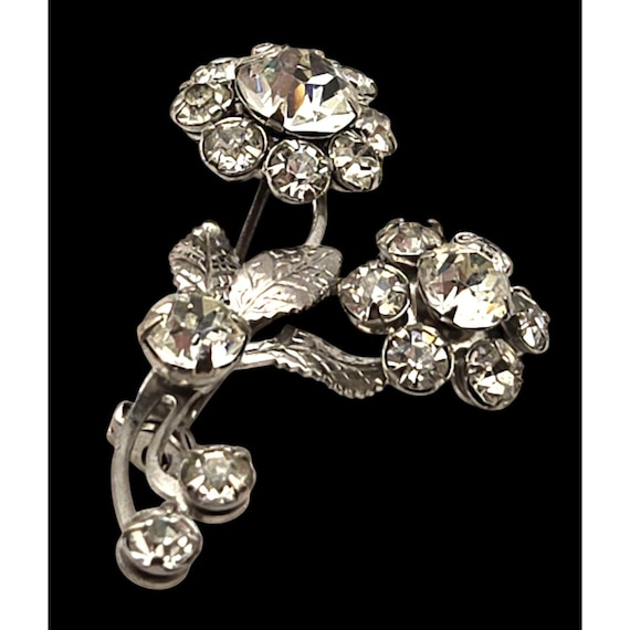Vintage Floral Rhinestone Brooch Pin Silver Tone 1 3/4 " X 1 1/4 "
