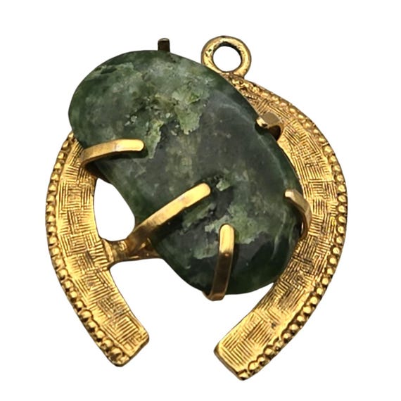 Vintage BSK Horseshoe Pendant With Green Stone & Gold Tone Finish