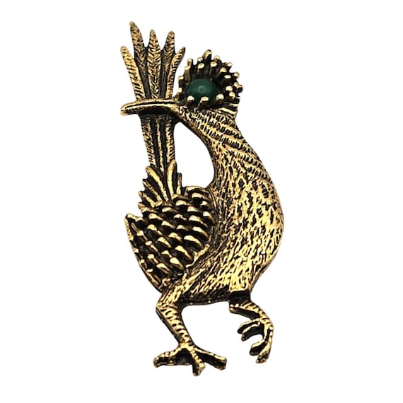Vintage Ambassador Roadrunner Brooch With Faux Green Jade Eye Gold-Tone Pin