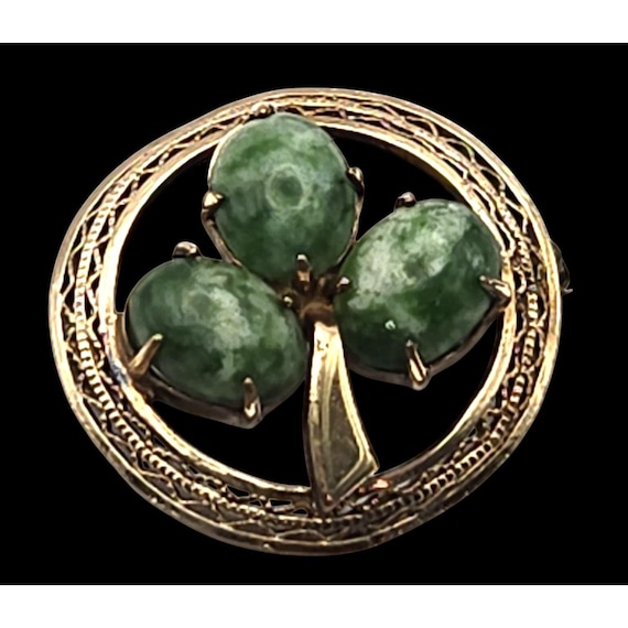 Vtg WRE 12K Gold Filled Clover Lapel/Blouse Pin W/ Moss Jade Agate Prong Set Stones